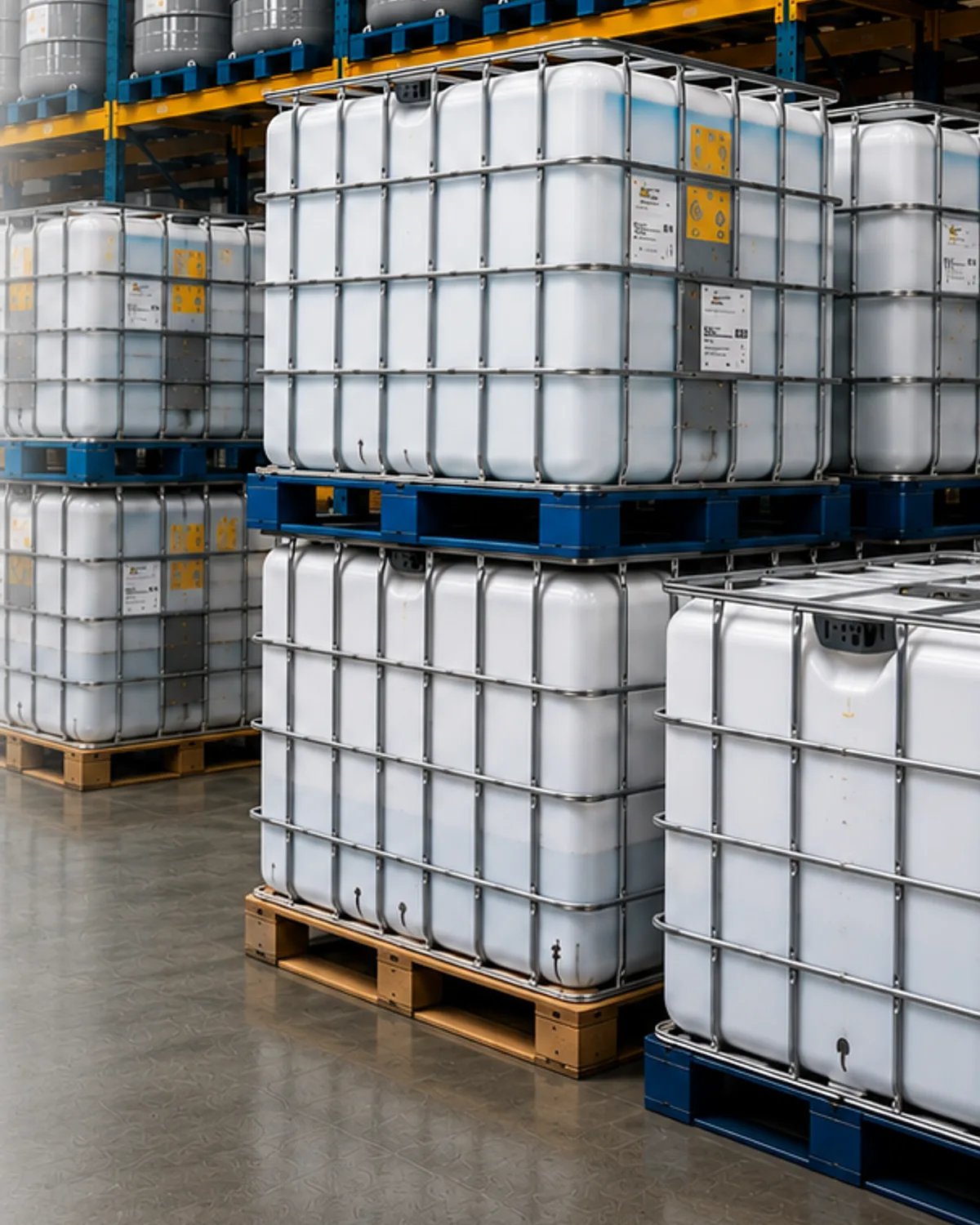 Contêineres IBC e tambores de produtos químicos armazenados em porta-paletes de um galpão industrial